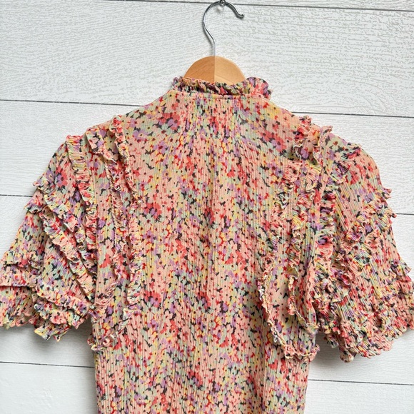 Rebecca Taylor | Silk & Cotton Pink Speckled Ruffle Ruched Blouse - Size 2 - Picture 11 of 14